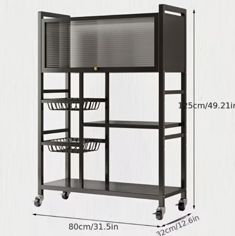 Rolling Kitchen Storage Rack with Acrylic Flip-Top Doors, Kitchen Island with Storage Baskets, Metal Utility Rack Bakers Rack Organizer