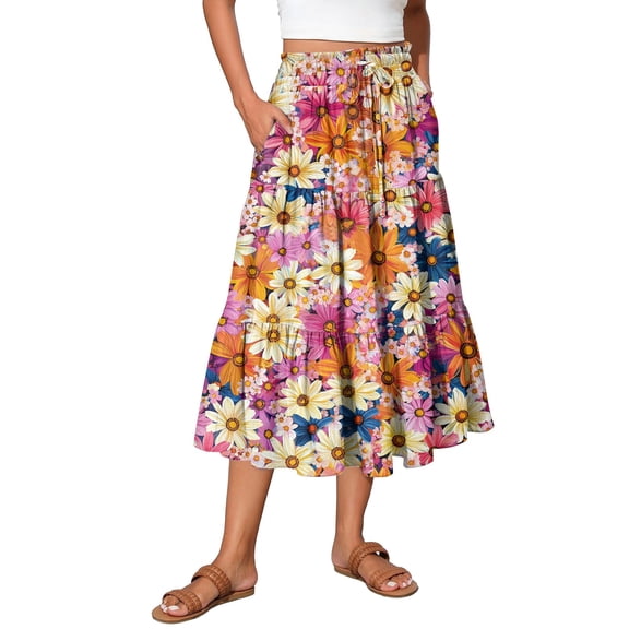 Yucgh Women's Tiered Flowy Floral Skirt with Drawstring High Waist, Pleated Midi Beach Skirt, Lightweight Summer Long Casual Skirt,Red,M