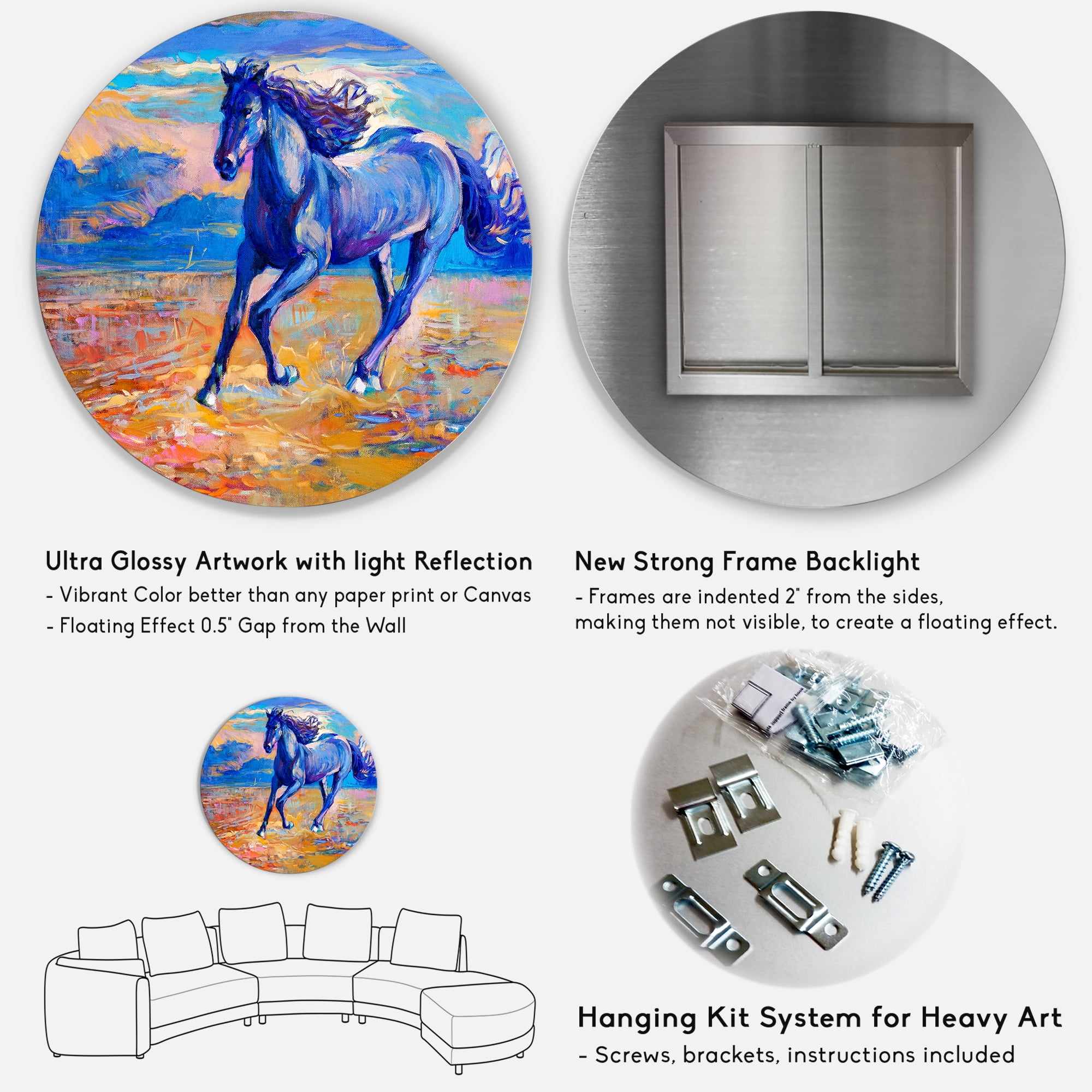 Designart 'Abstract Blue Horse Galoping Over The Prairie' Farmhouse Circle Metal Wall Art 29x29 - Disc of 29