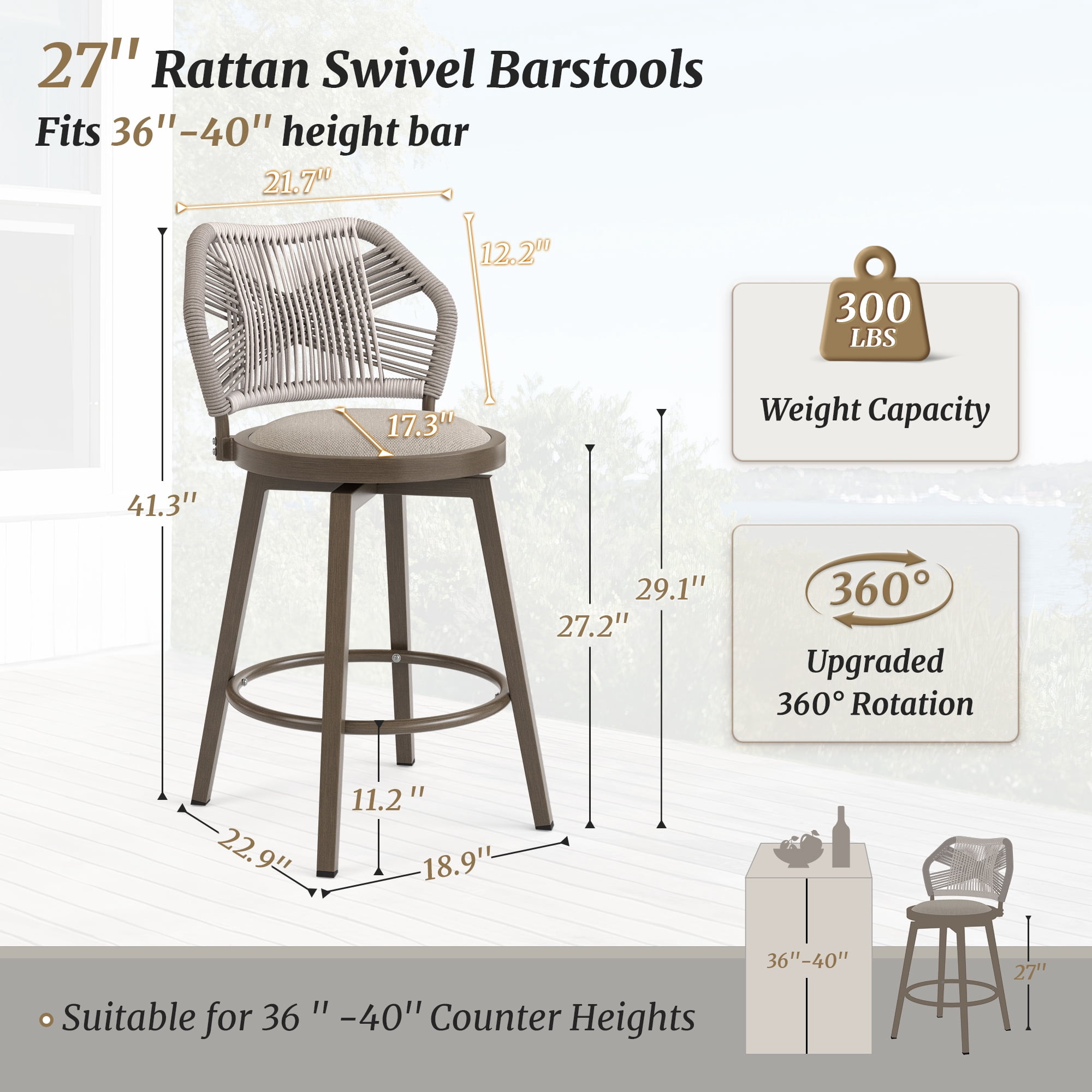 Dycanpo 26'' Swivel Bar Stools Set of 4, Counter Height Stools with Woven Backrest & Footrest, Beige