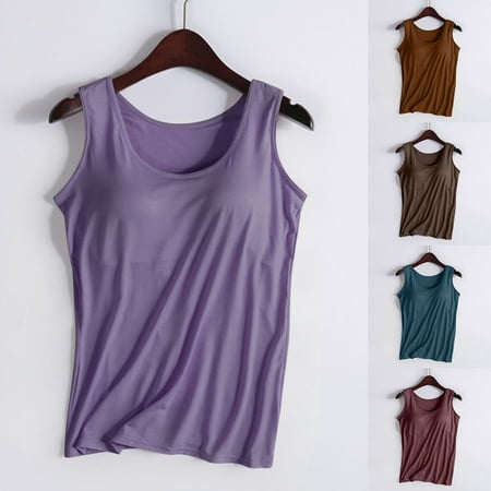 DDAPJ pyju Womens Modal Built-in Bra Padded Camisole Yoga Tank Tops  Basic Solid Summer Casual Sports Vest Top Soft Comfy Undershirt Sales Today Clearance Coffee XL