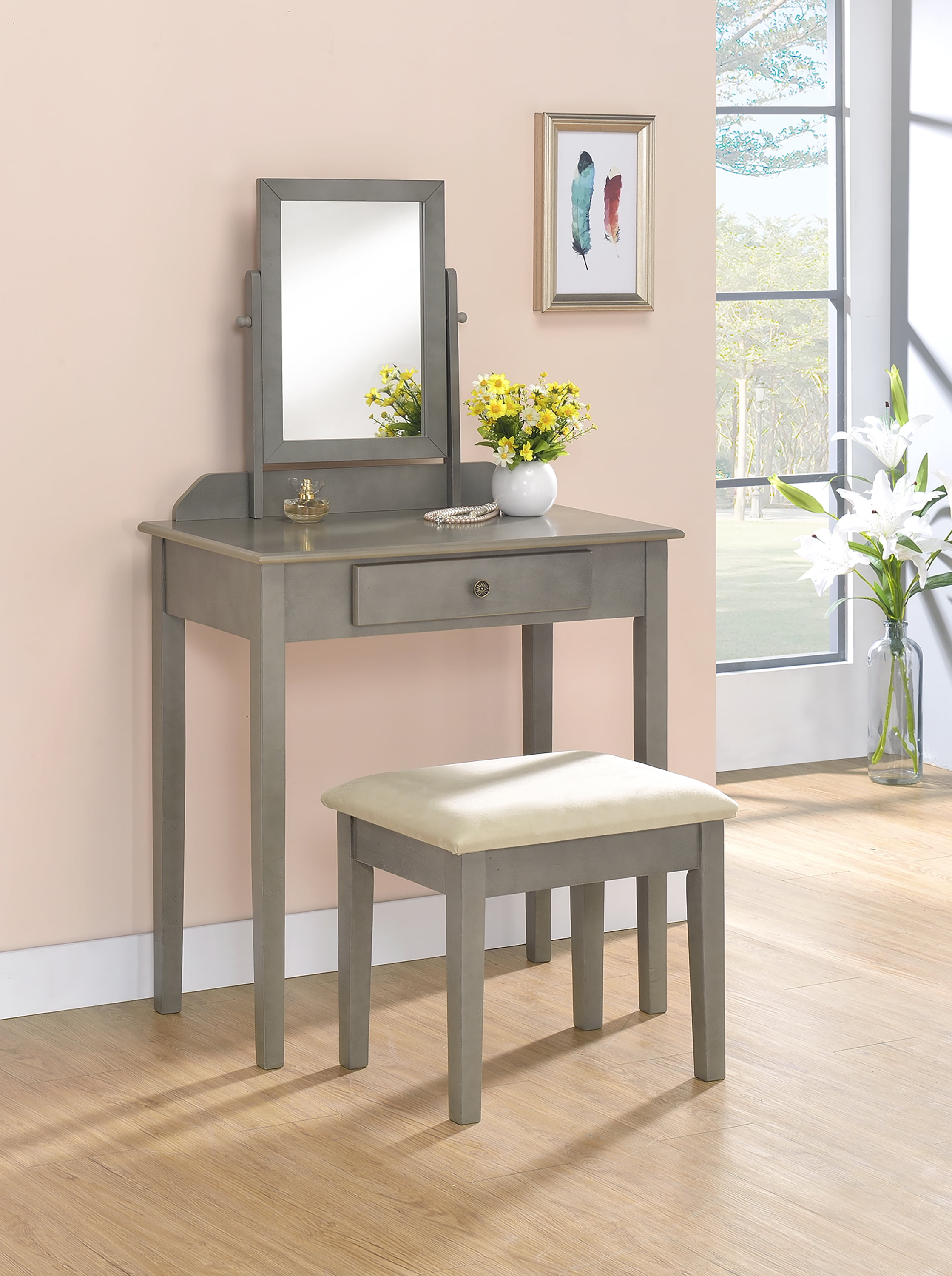 Crown Mark Iris Vanity Table Stool Grey Walmartcom Walmartcom