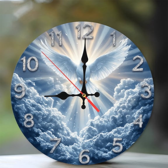 Holy Dove Heaven Clouds Wall Clock 10-Inch Silent Wooden Wall Clock, Battery Operated (AA Batteries Not Included), Artistic Home Decor