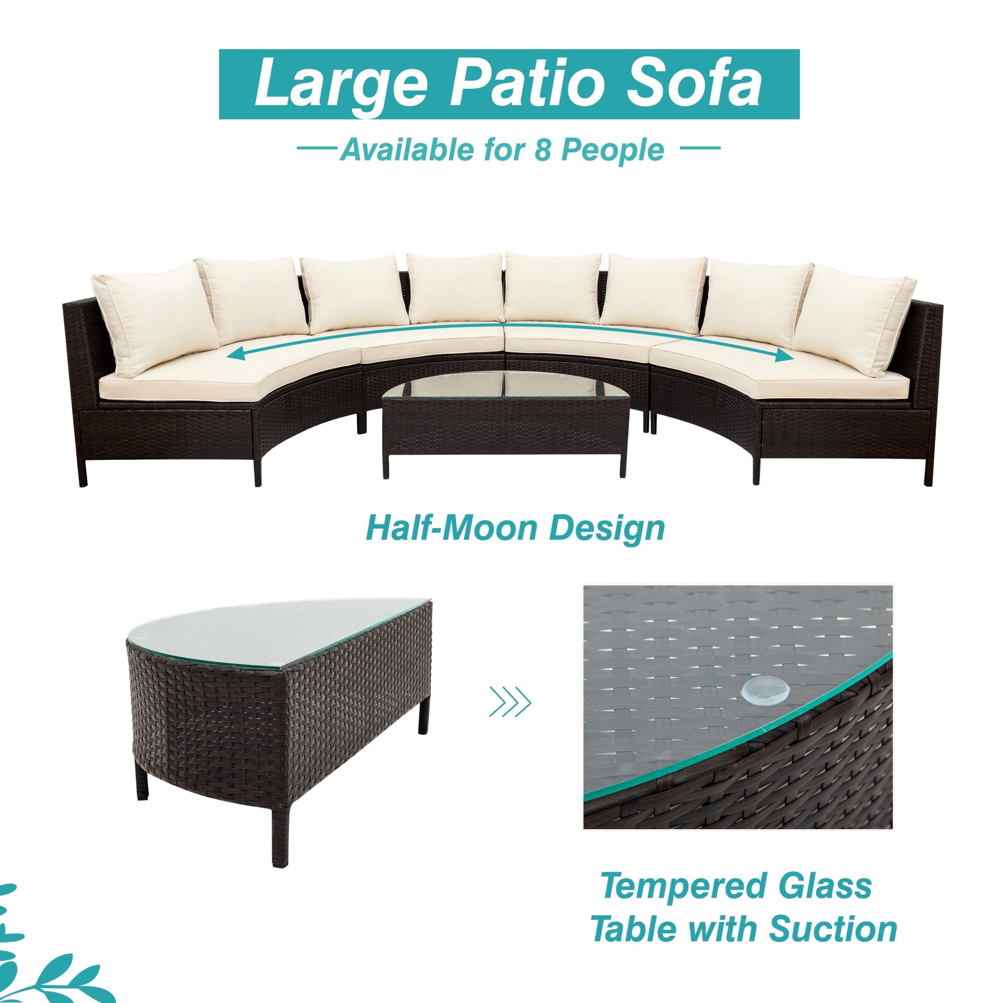 Sailvan 5pc Outdoor Patio Sectional Furniture Set - All-Weather PE Rattan Wicker Half-Moon Sofa with Tempered Glass Table & Thick Cushions Beige