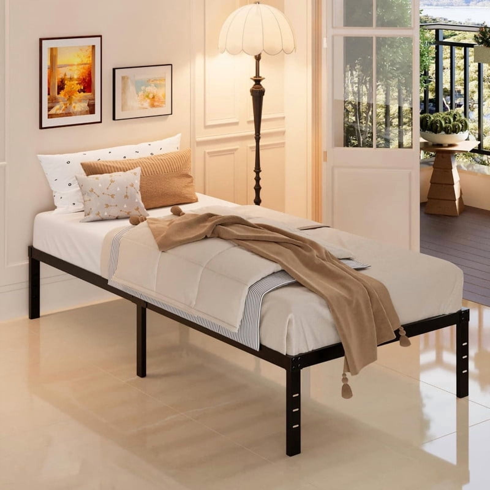 Kelno Twin Size Metal Bed Frame No Box Spring Needed with Storage Space Under Base, Black
