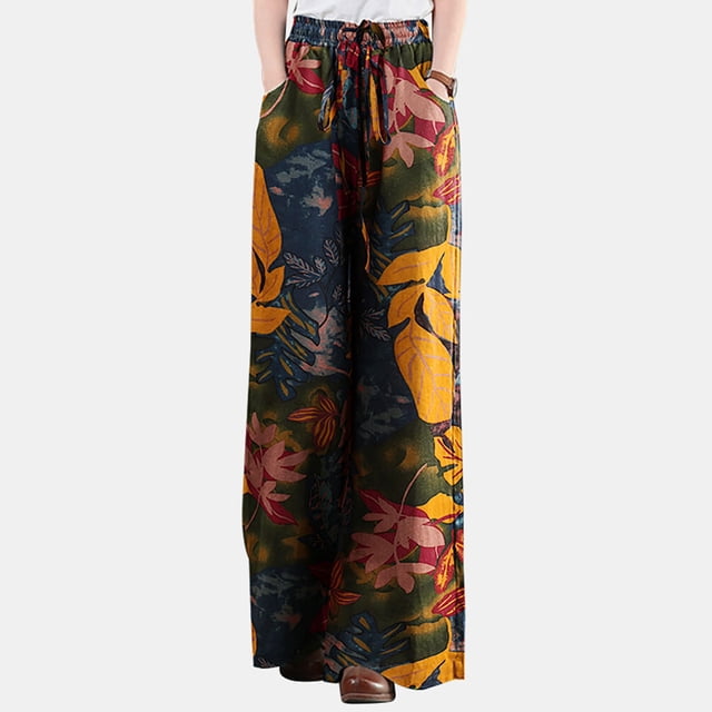 Puntoco Mujeres Impresión Algodón Lino Tobillo-Longitud Pantalones Pokets Casual Elástico Pantalones Largos Puntoco Puntoco-8155