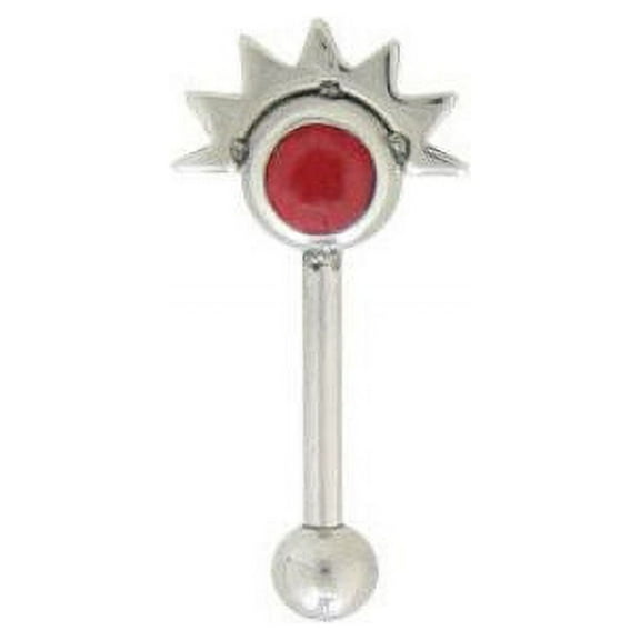 Straight Barbell 16G Eyebrow Piercing Ring with Wave and Red CZ Gem Design