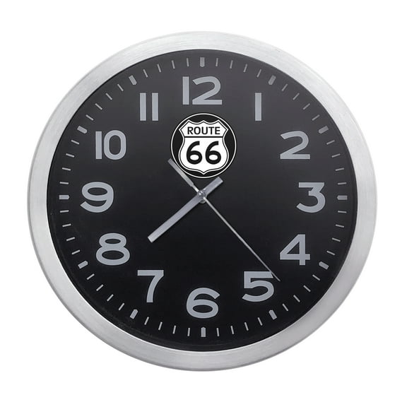 Wall Clock Home Decor or for a Patio/RV/Game Room 10" Round Silver Edge with a Black Face Featuring Your Choice of a Vintage Gas Novelty Theme Vinyl Decal - FREE Battery Included (Route 66)