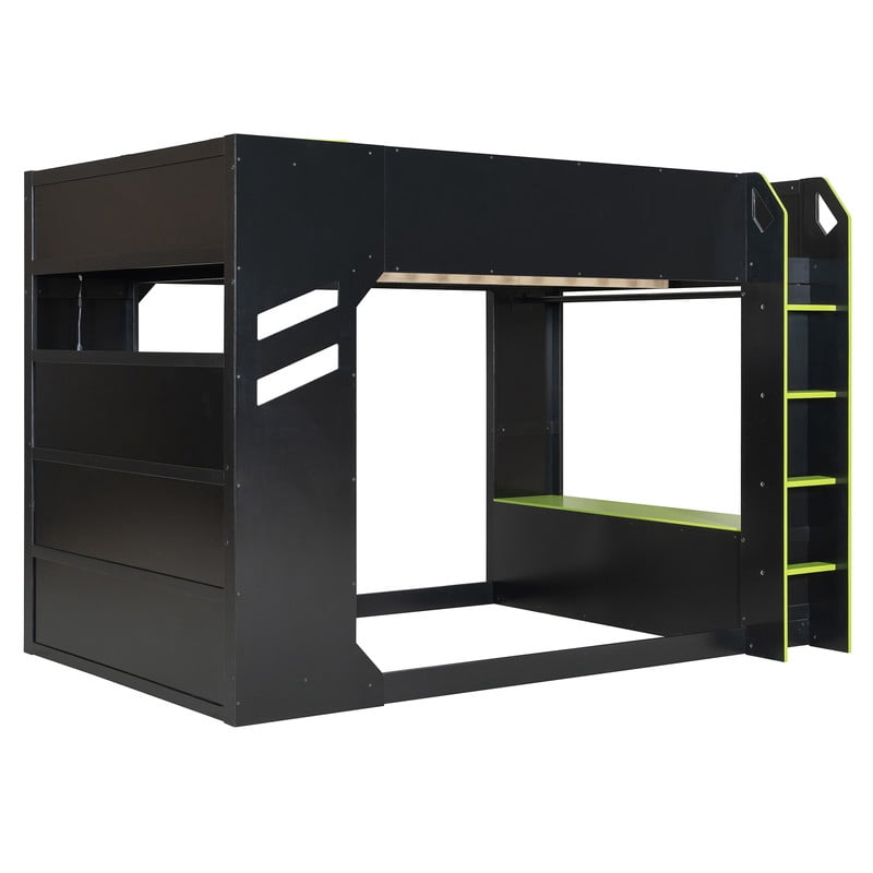 Full Size Wood Loft Bed with Height Adjustable Desk, RGB LED Lights & Storage Drawers, Gaming Loft Bed Frame with Headboard Cabinet, Hanging Rod for Bedroom