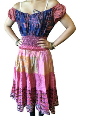 Mogul Women Stylish SUMMER Dress, off shoulder Empire Waist Tiered Pink Beach Summer Sundress M
