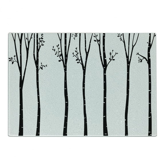 Black and White Cutting Board, Monochrome Birch Tree Silhouettes with Autumn Season Foliage Branches, Decorative Tempered Glass Cutting and Serving Board, Small Size, Black White, by Ambesonne
