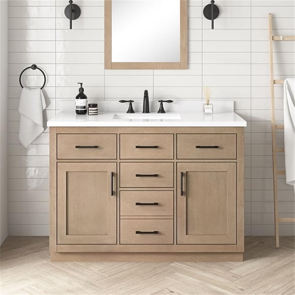 Pemberly Row 48" Bathroom Vanity in Sahara Birch with White Countertop