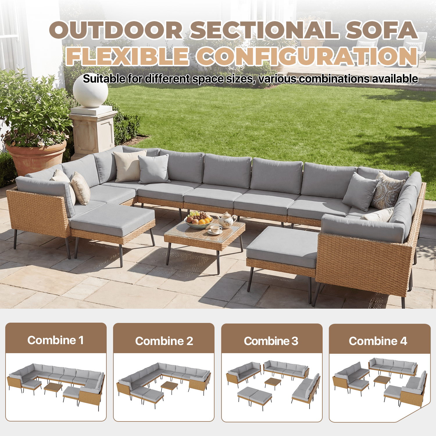 BaPiPro 13-Piece Outdoor PE Rattan Sectional Sofa Set, All-Weather Patio Conversation Set with Cushions & Tempered Glass Coffee Table, Suitable for Courtyard, Backyard and Garden, Grey