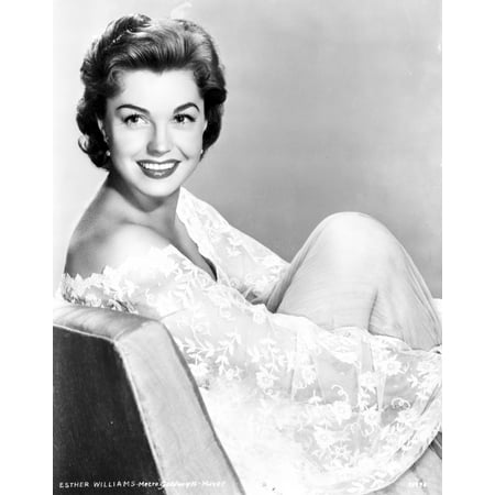 Esther Williams on Embroidered Flower Mesh sitting on Chair Photo