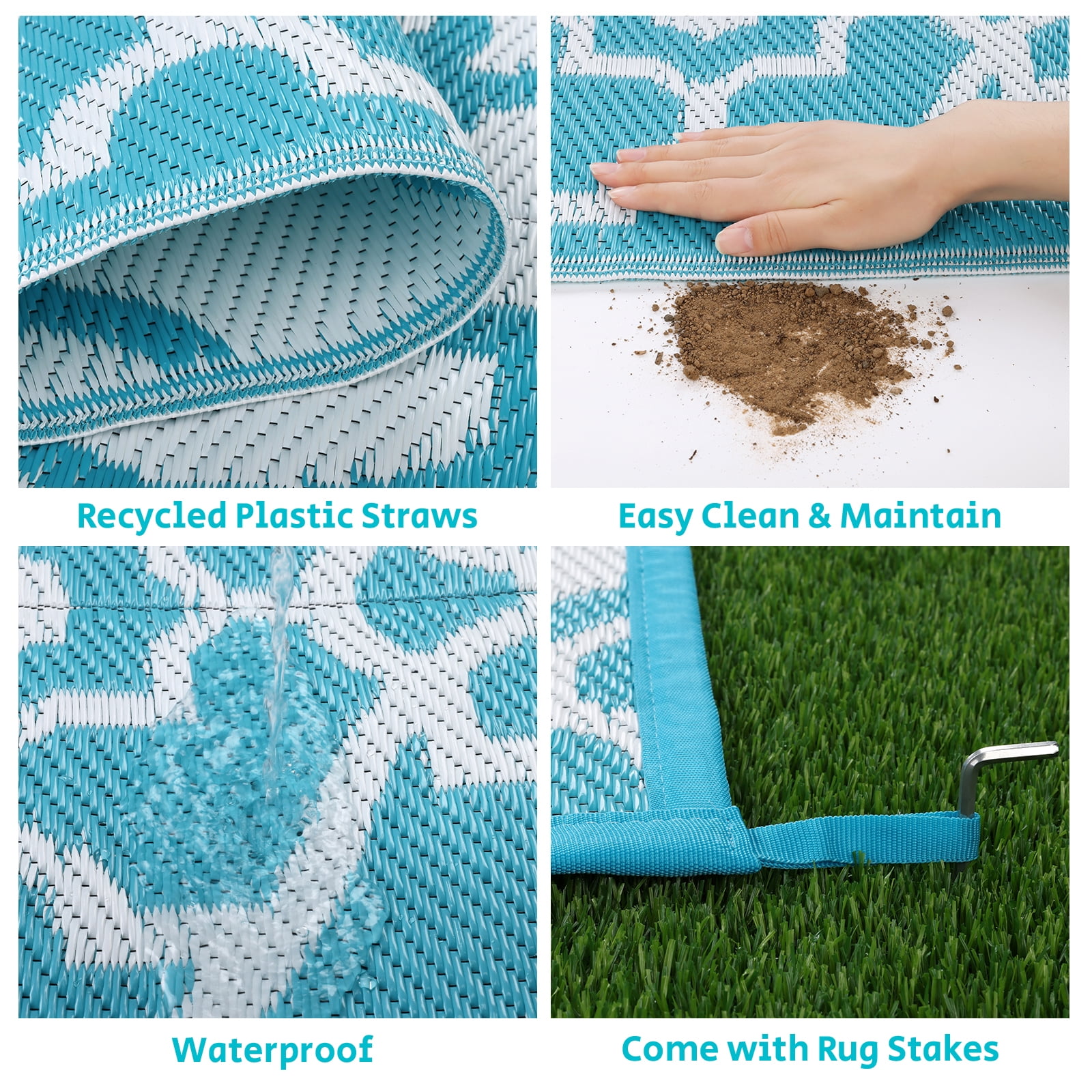 MeyJey 6'x9' Outdoor Rug, Patio Rug Waterproof RV Outdoor Rug Camping Rugs Reversible Plastic Mat for Camping, Balcony Apartment, Patio, Porch, Picnic, Beach, Teal