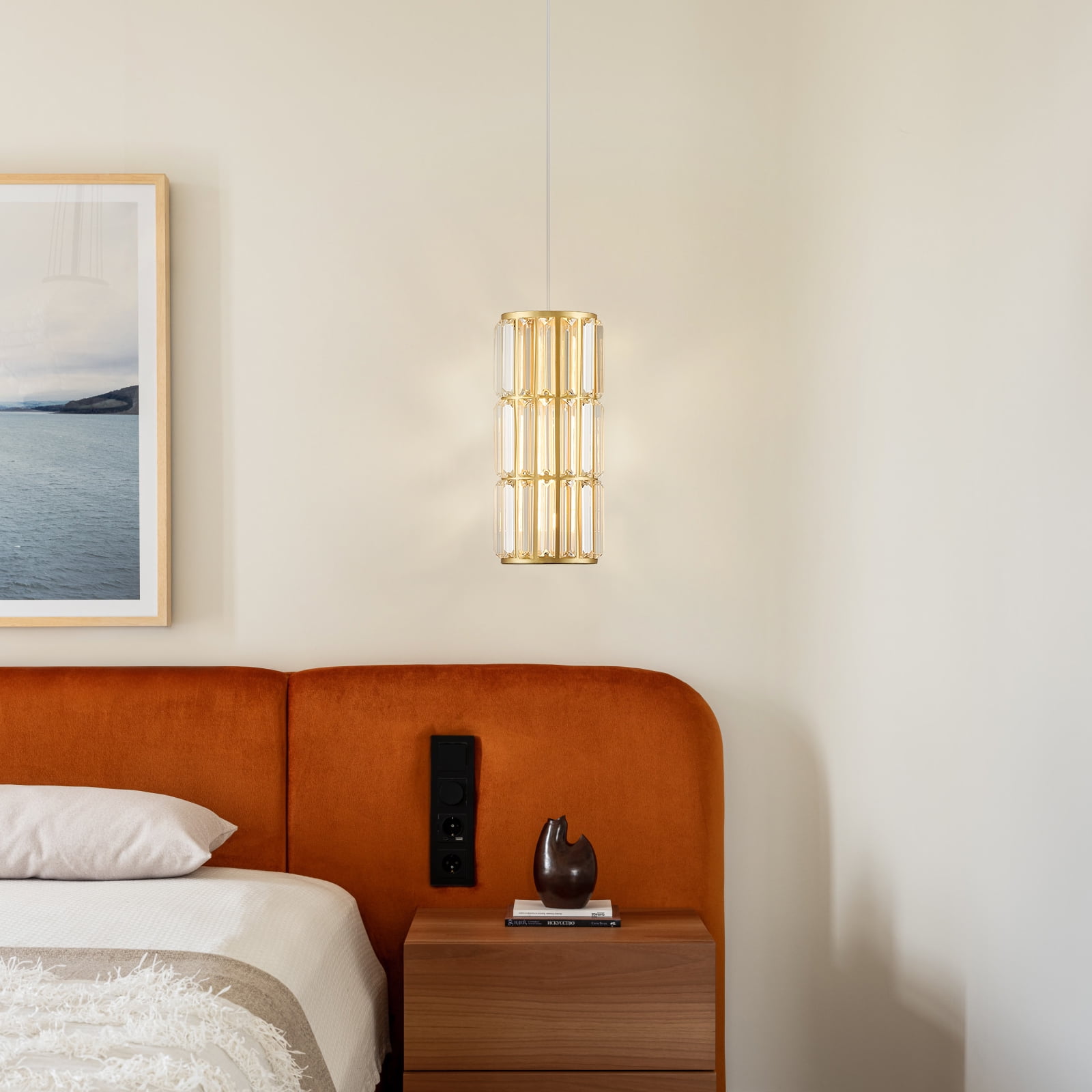 Gold Crystal Pendant Light for Kitchen Island, Mini Hanging Light Fixture with K9 Prism Crystals, 1-Light Modern Ceiling Pendant in Brass Finish for Dining Room, Bedroom, Bathroom,  E26