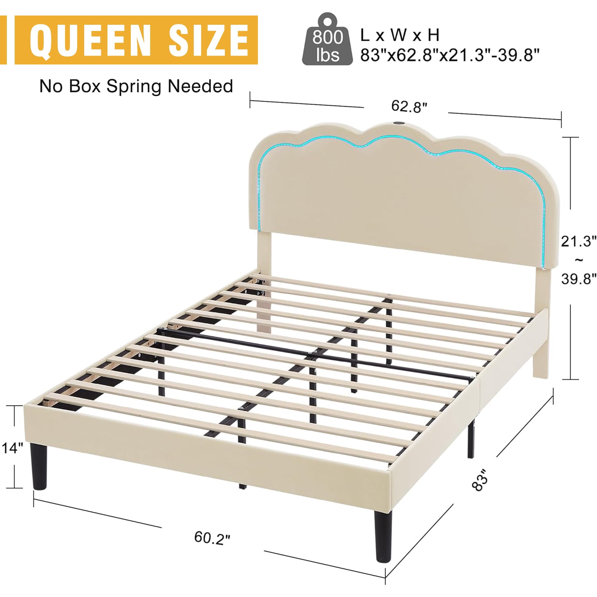 VECELO LED Bed Frame, Queen Size Upholstered Platform Bed Frame with Adjustable Charging Station Headboard, No Box Spring Needed, Easy Assembly, Beige