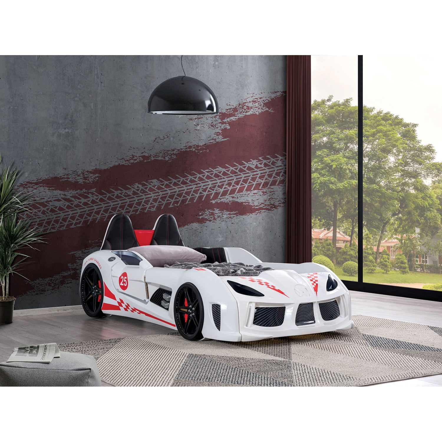 Miekor Furniture Modern Novelty Style Twin Size Race Car Design Bed Attached Two Magnetic Doors With LED Lights On Wheels And Bottom Upholstery Headboard And Sides White Finish MK1167