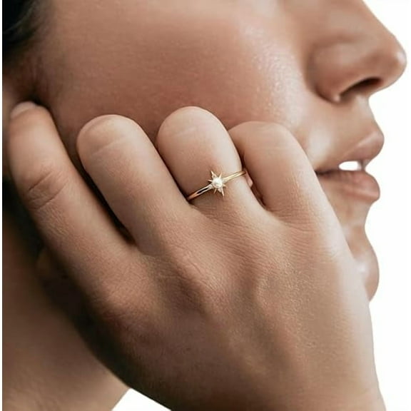 CZ Tiny Ring, Natural Pearl Ring, Pearl Gemstone Ring, June Birthstone, Star Shape Ring, Gold Micron Plated Ring, Womens Ring, 925 Sterling Silver, Dainty Ring, Minimal Jewelry, Wedding Ring