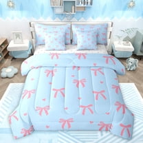 Feelyou Cute Bowknot Kids Bedding Comforter Set 7 Pieces, Kawaii Cartoon Bow-tie Full Bedding Set, Blue Pink Love Heart Reversible Fitted Sheet Flat Sheet, Super Cozy Room Decor