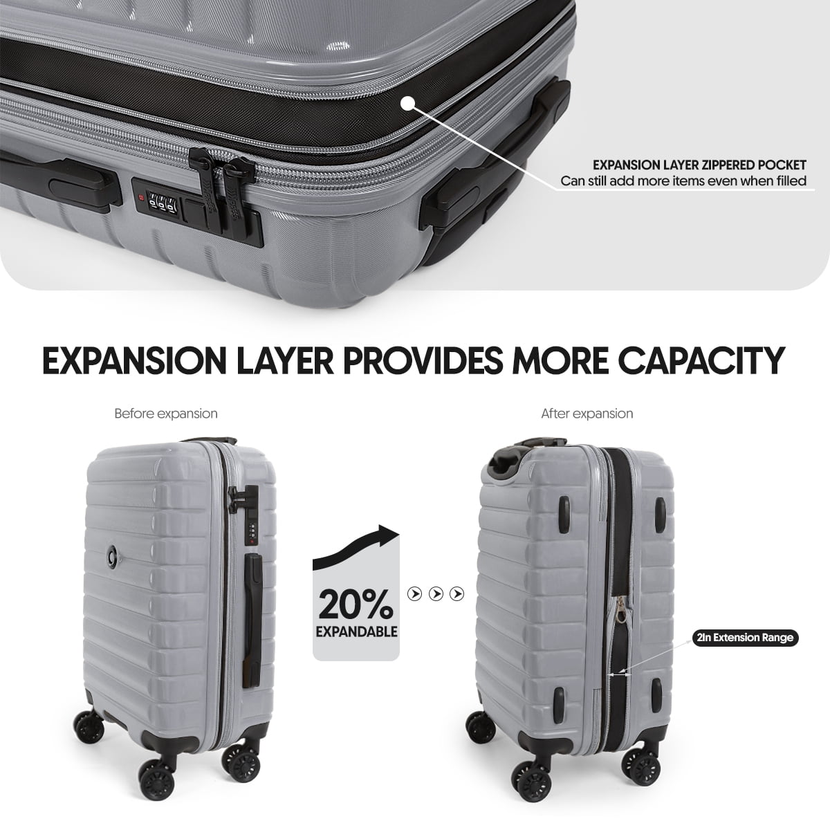 20 Inch Carry on Luggage for Airplane Lightweight Expandable Hardshell Suitcsae with Spinner Wheels and TSA Lock, Silver, LA13601