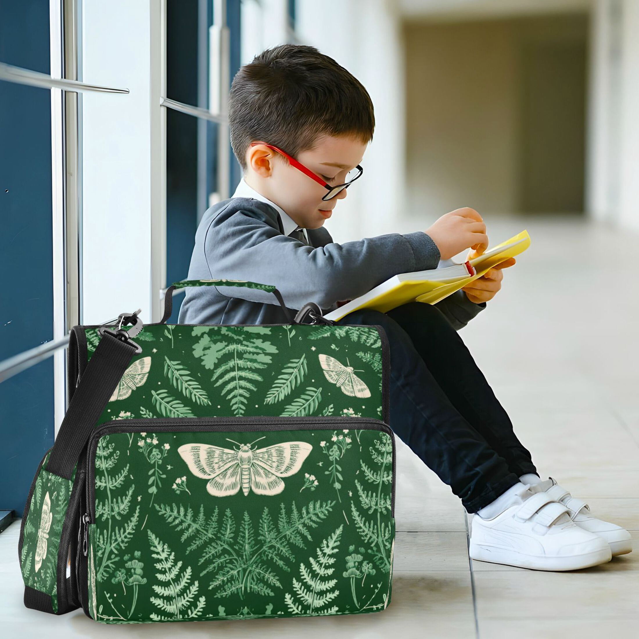 Zipper Binder 3 Rings Stationery Office Files Daily Organizer File Folder Storage Bag Green Ferns and Moths