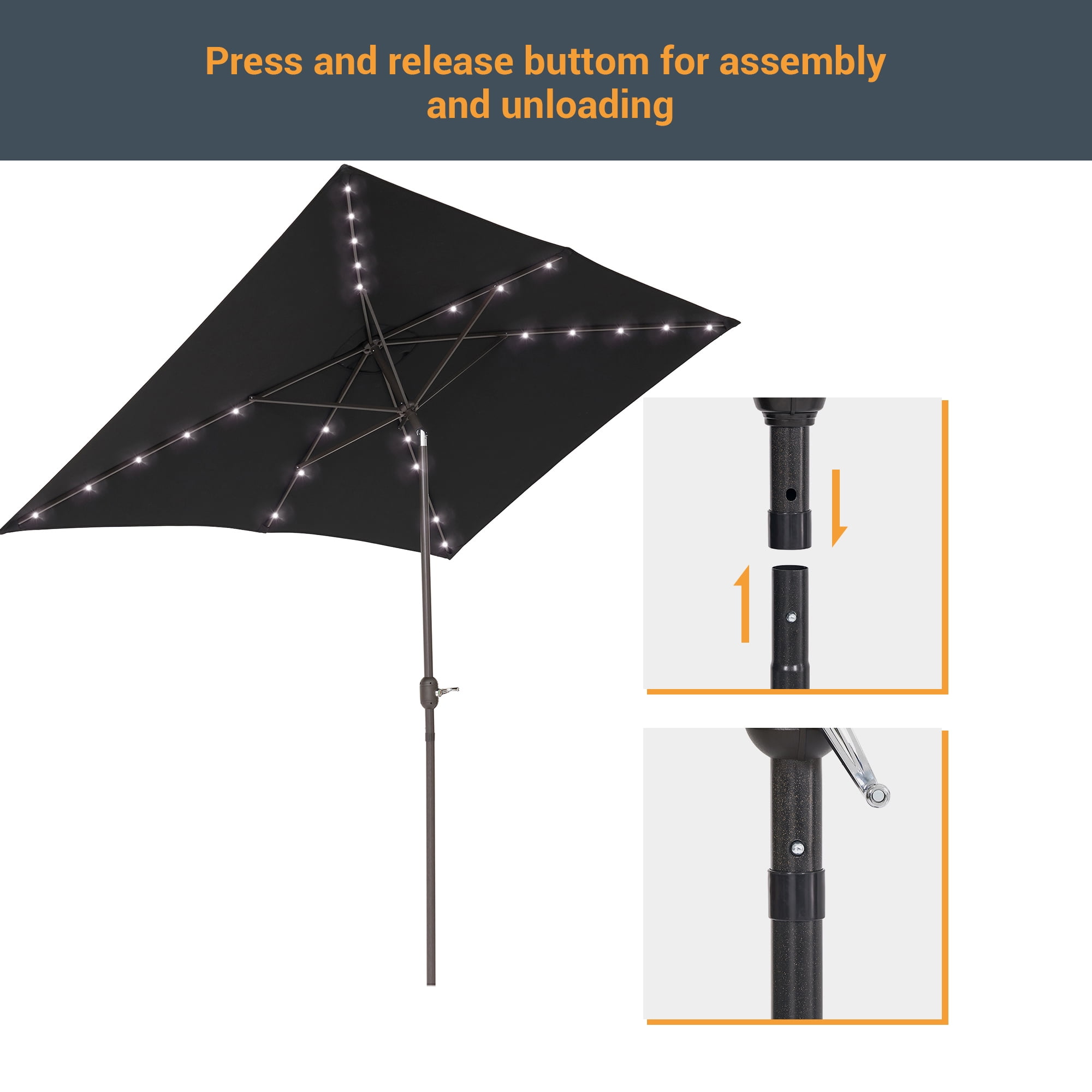 ACEGOSES 10x 6.5ft LED Solar Outdoor Patio Rectangle Table Umbrellas with Non-Fading Canopy for Garden and Yard,Black