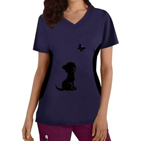 

Women Cats Printed Scrubs Top Plus Size Top V-Neck Short Sleeve Working Uniform Nurses Clothing Workwear Blouse Leisure Streetwear