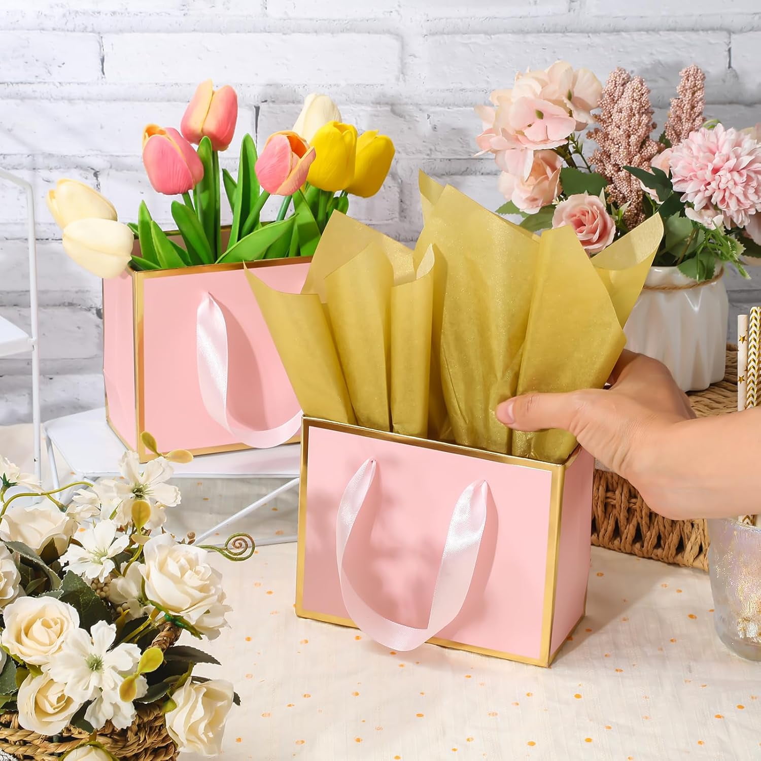 30 Pcs Small Metallic Foil Gift Bags with Handles, Pink Gold Thank You Favor Bag with Tissue Paper for Back to School Baby Shower Wedding Mother's Day Christmas Party (6.4x3.1x5.1 Inch)