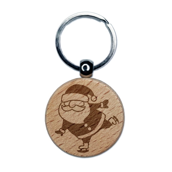 Ice Skating Christmas Santa Claus Round Keychain Charm Tag - Engraved Wood