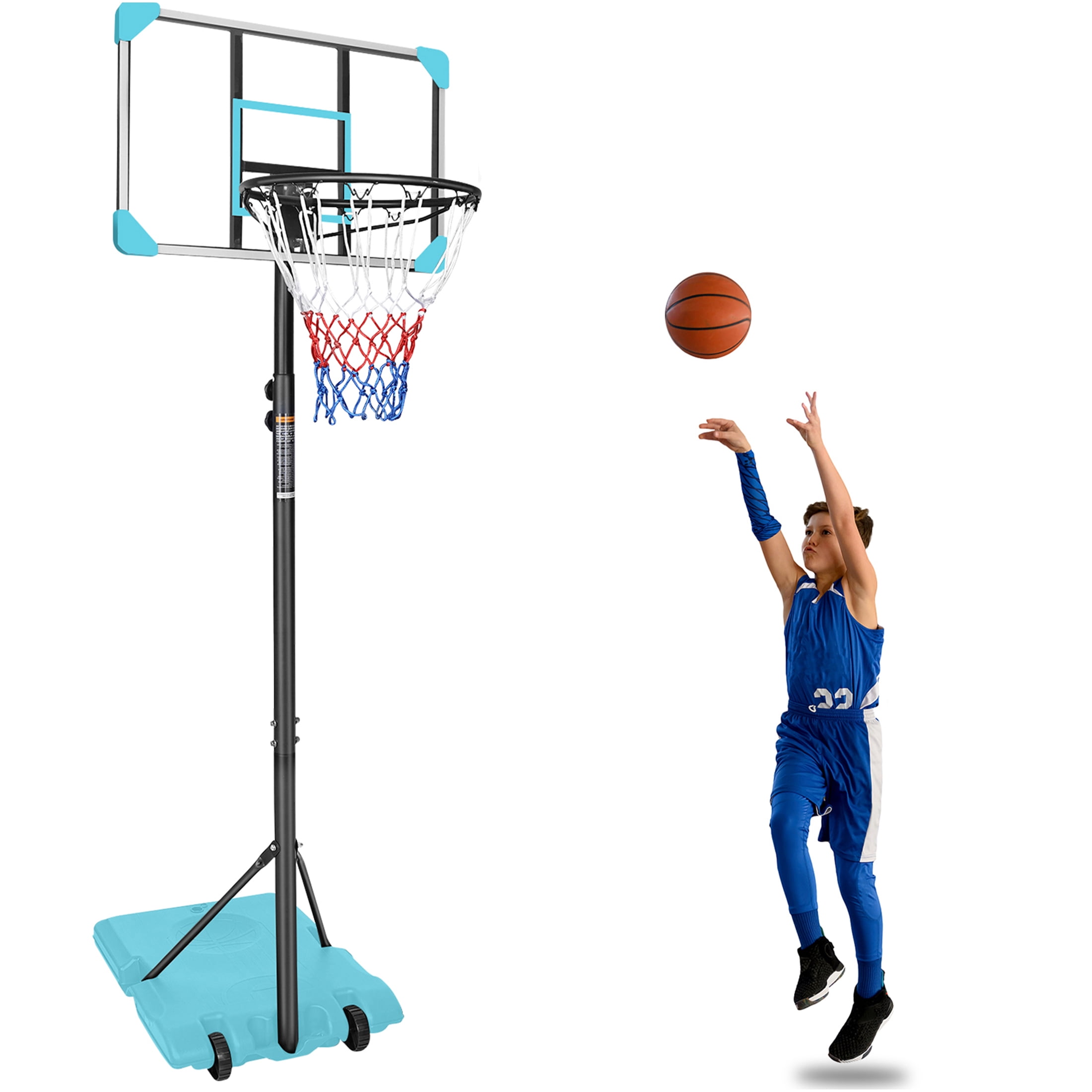 JERFIT 5.6ft-7ft Height Adjustable Portable Basketball Hoop with Wheels, 28" Backboard, Indoor Outdoor Use for Kids Youth Teenagers, Blue