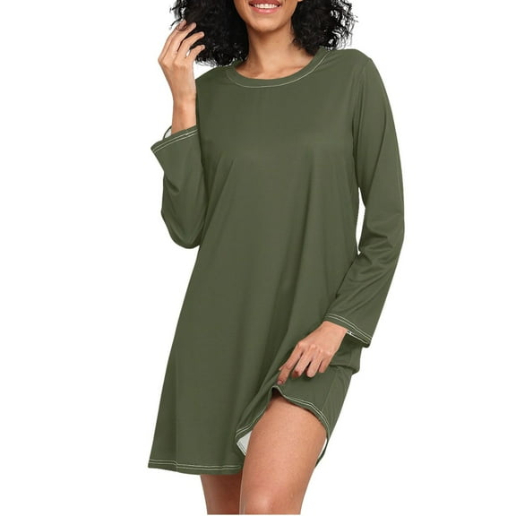joogoo Olive Green Solid Women's Long Sleeve Nightgown Sleepwear L