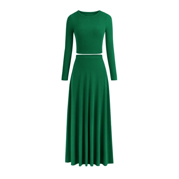Conjunto de 2 Piezas PRETTYGARDEN Vestido Verde de Punto Acanalado Talle M