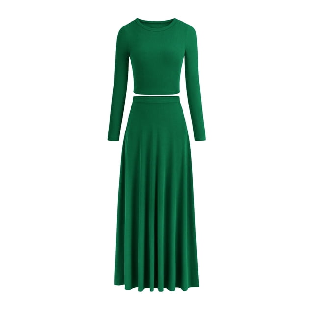 Conjunto de 2 Piezas PRETTYGARDEN Vestido Verde de Punto Acanalado Talle M