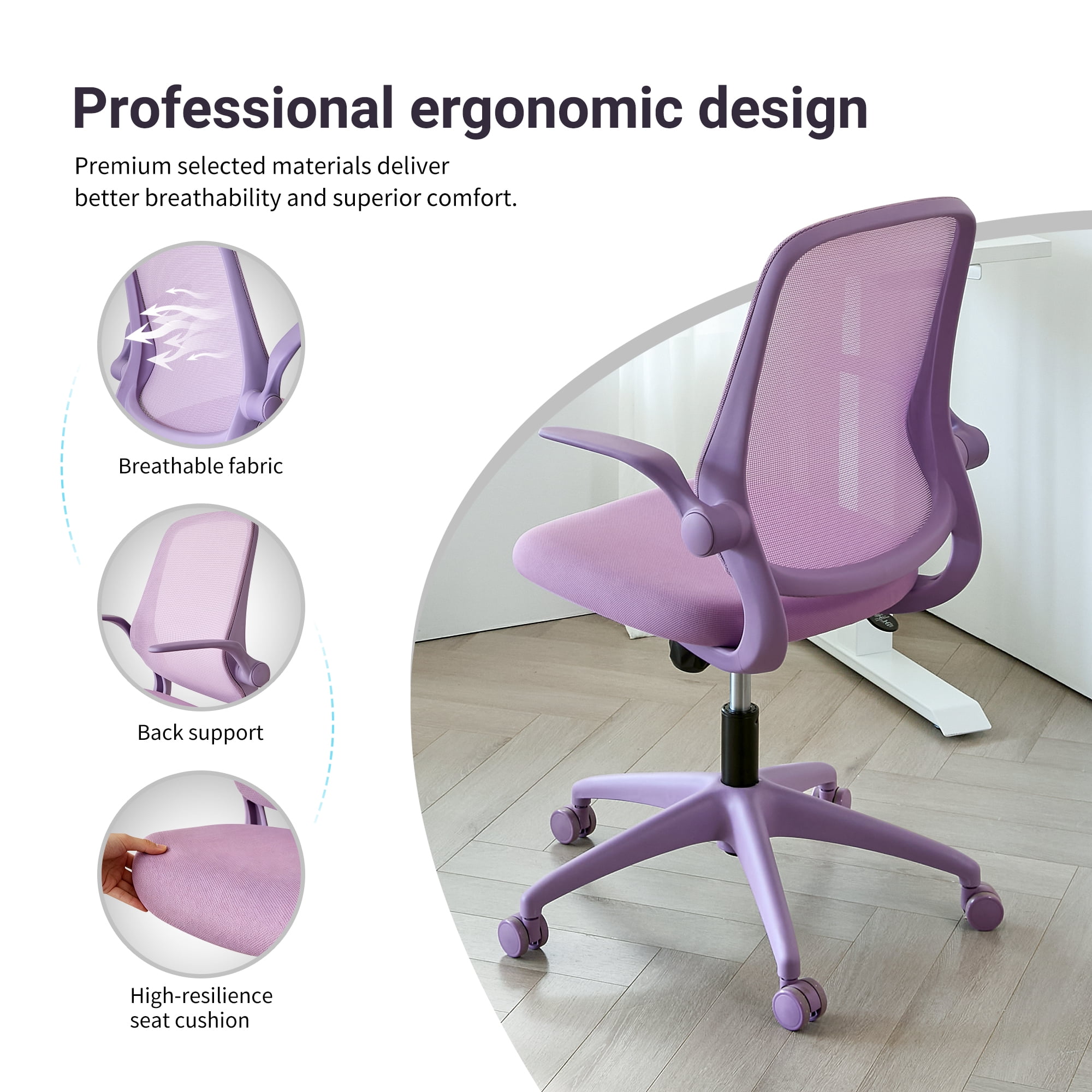 HOQBN Ergonomic Office Chair with Flip-Up Armrests, Breathable Mesh Back, Integrated Molded Foam Seat, 350lb Capacity,Purple