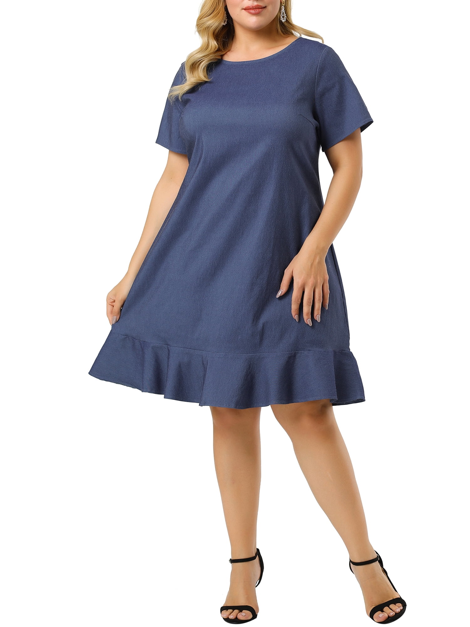 Unique Bargains Women's Plus Size Short Sleeve Ruffle Hem Denim Shirt Dress