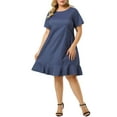 thumbnail image 2 of Unique Bargains Women's Plus Size Short Sleeve Ruffle Hem Denim Shirt Dress, 2 of 7