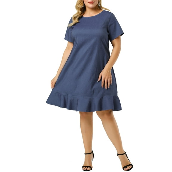 Agnes Orinda Women's Plus Size Denim Ruffle Summer Casual Short Sleeve Dress 2X Blue