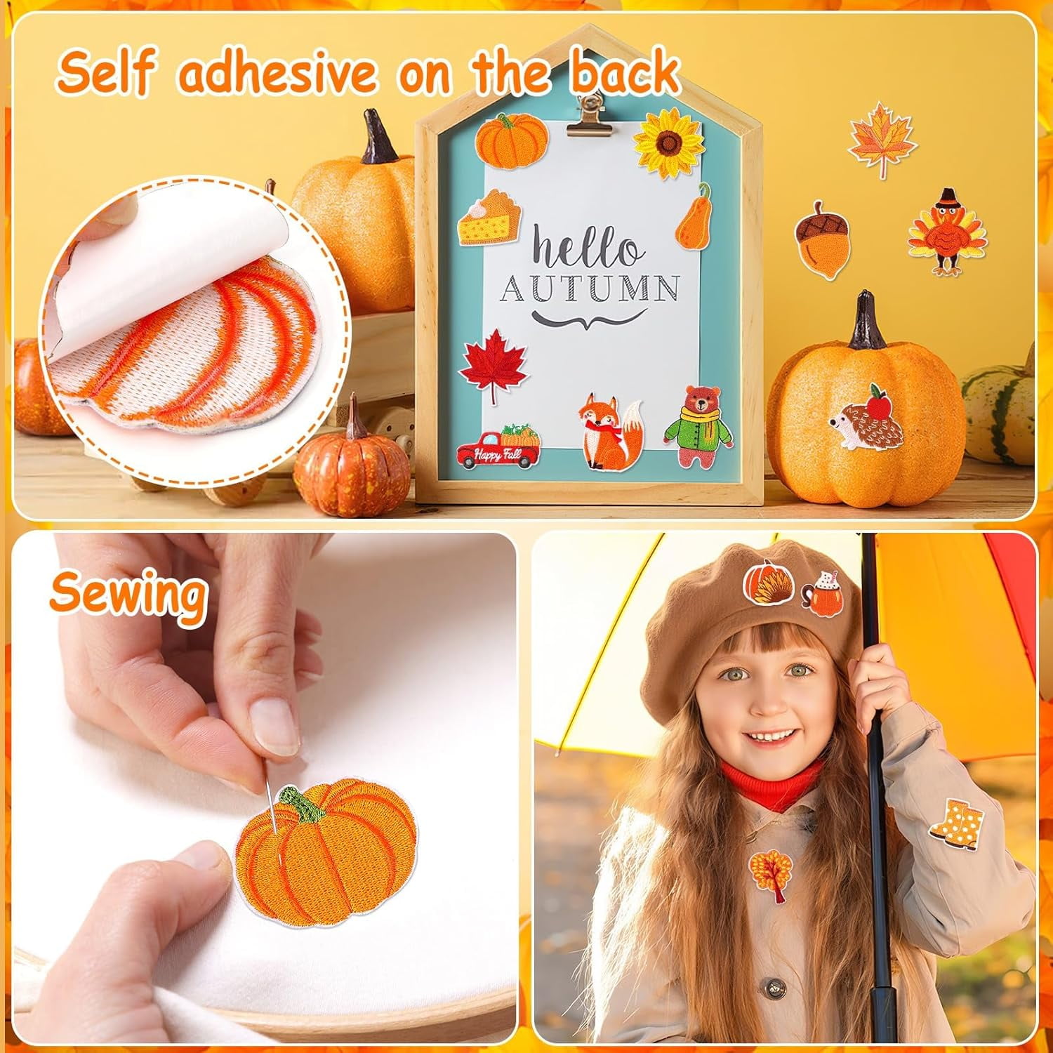 AP 60pcs Fall Autumn Iron on Patches Random Assorted Thanksgiving Day Embroidered Sew Applique Repair Patch Fall Leaf Pumpkin Turkey Maple Leaves Gnome Acorn DIY Crafts for Clothing Jacket Jeans