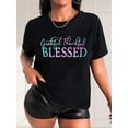 thumbnail image 1 of 1pc Women'S Casual Round Neck T-Shirt with "Grateful, Thankful, BLESSED" Print, Polyester Knit Fabric, Short Sleeve, Spring/Summer/Autumn Fashion Top, 1 of 8