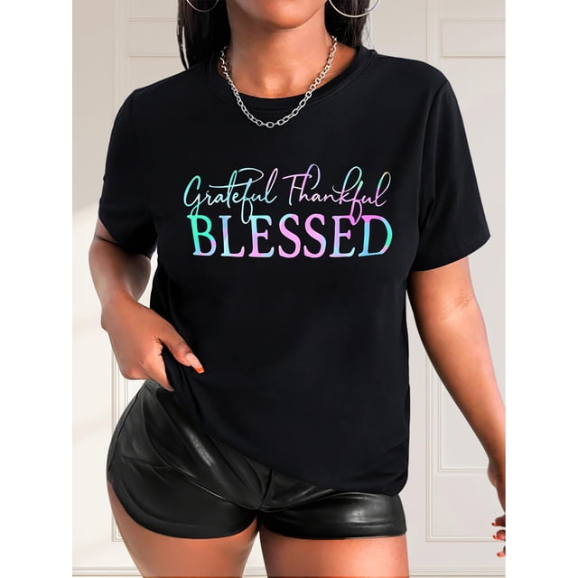 1pc Women'S Casual Round Neck T-Shirt with "Grateful, Thankful, BLESSED" Print, Polyester Knit Fabric, Short Sleeve, Spring/Summer/Autumn Fashion Top
