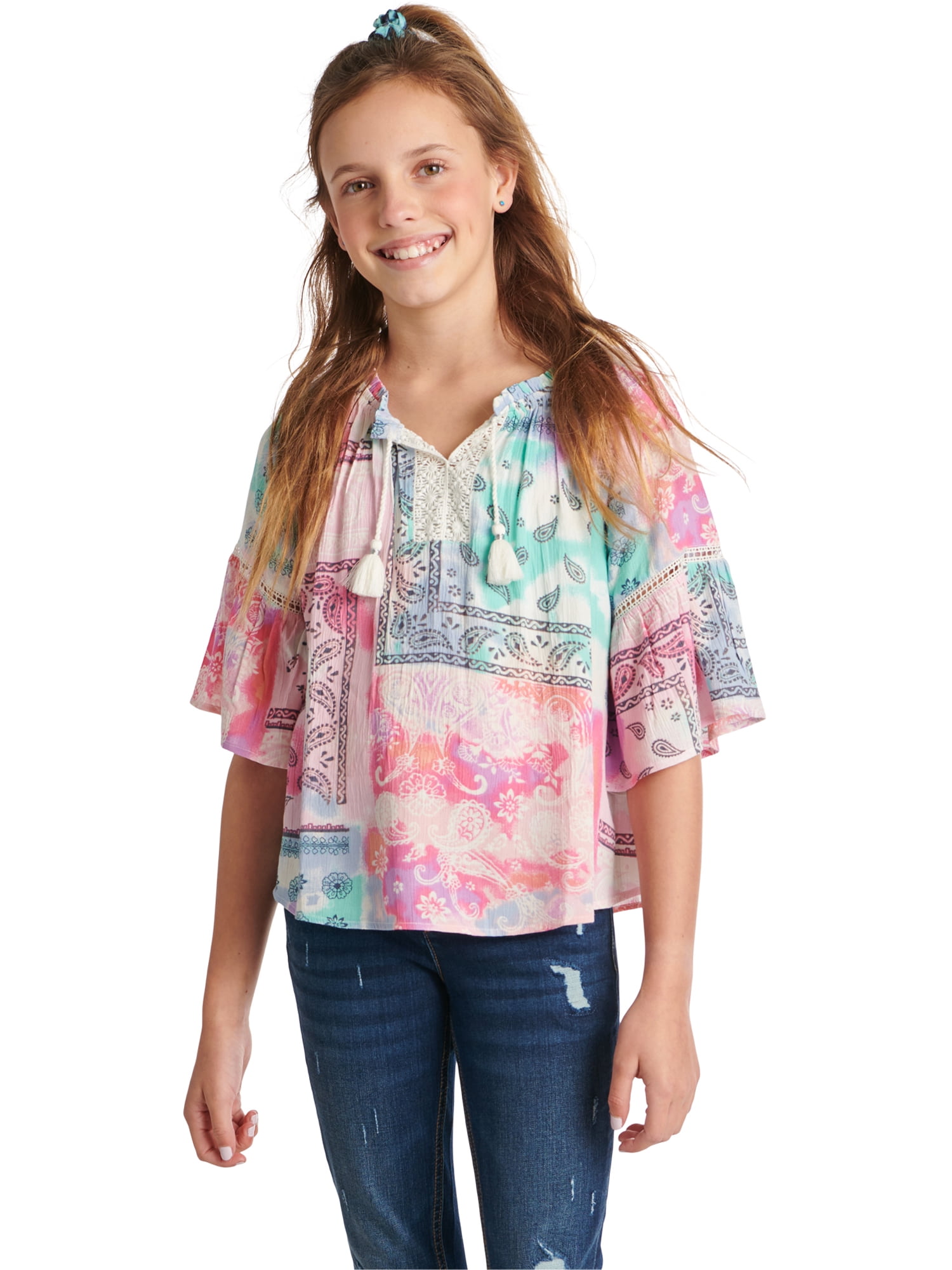 Justice Girls Printed Notch Neck Flowy Peasant Blouse, Sizes XS(5/6