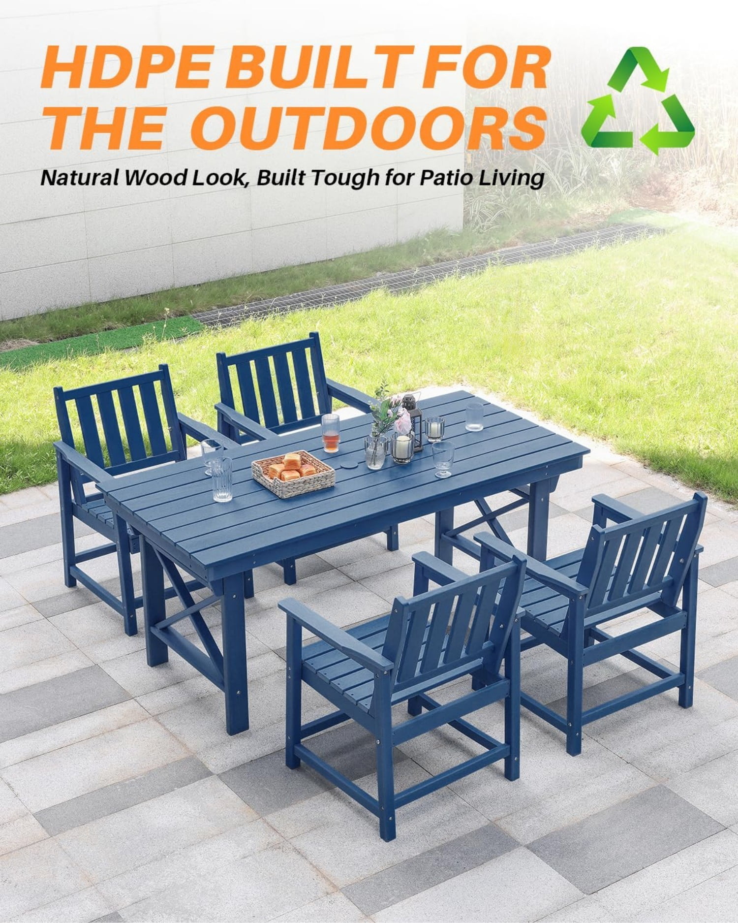 HDPE Outdoor Dining Table for 6, 66.9" Rectangular Patio Dining Table with 2.2" Umbrella Hole, All-Weather Outdoor Table for Backyard, Deck, Garden, Poolside, Navy