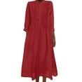 thumbnail image 2 of Women's Cotton Linen Dress Long Sleeve Crew Neck Smocked A Line Boho Flowy Maxi Dresses with Pockets Plus Size Red S, 2 of 7