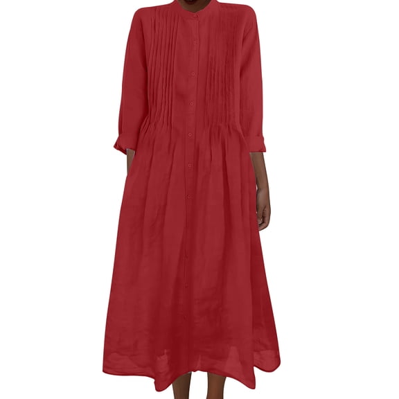 Womens Summer Cotton Linen Casual Dress Vacation Beach Crewneck Long Sleeve Maxi Dresses Trendy Loose Flowy Solid Color Outfits
