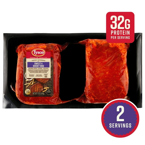 Tyson Pork Chops Sweet & Smoky BBQ, Freshly Seasoned, Boneless, Ready to Cook, 12 oz