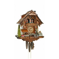 Cuckoo Clock Black Forest house with moving wood clock peddler and mill wheel