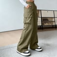 thumbnail image 5 of Kvture Women's Cargo Pants Casual Straight Wide Leg Work Pants Elastic Waisted Lightweight Loose Hiking Pant with Pockets Army Green Pant L, 5 of 7