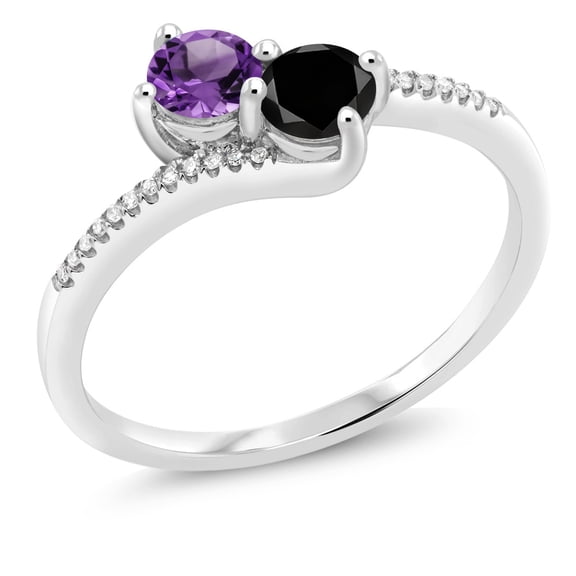 Gem Stone King 10K White Gold Forever United Two Stone Purple Amethyst and Black and White Diamond Engagement Ring for Women (0.68 Cttw, Round) (Size 5)