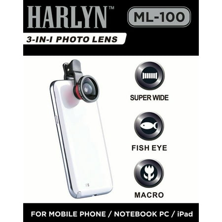 Harlyn ML100 3-in-1 Cell Phone Camera Lens - .4x Super Wide Angle - 180° Fisheye - 10x Macro Lens - For iPhone, iPad, Android, Tablet, Notebook